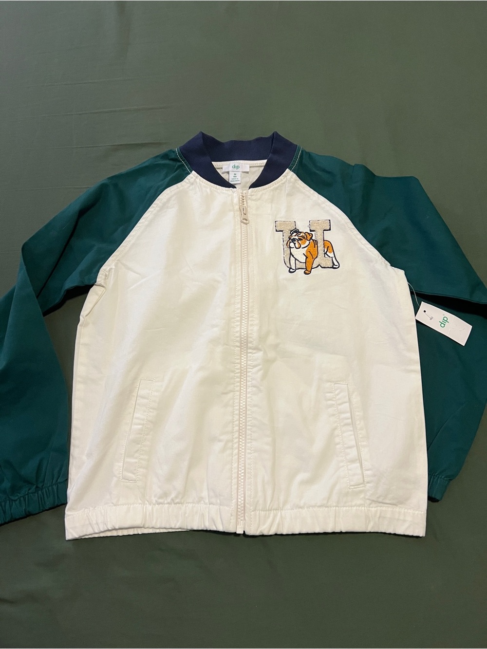 Kids White and Green Bomber Jacket with Bulldog Patch Size M 8